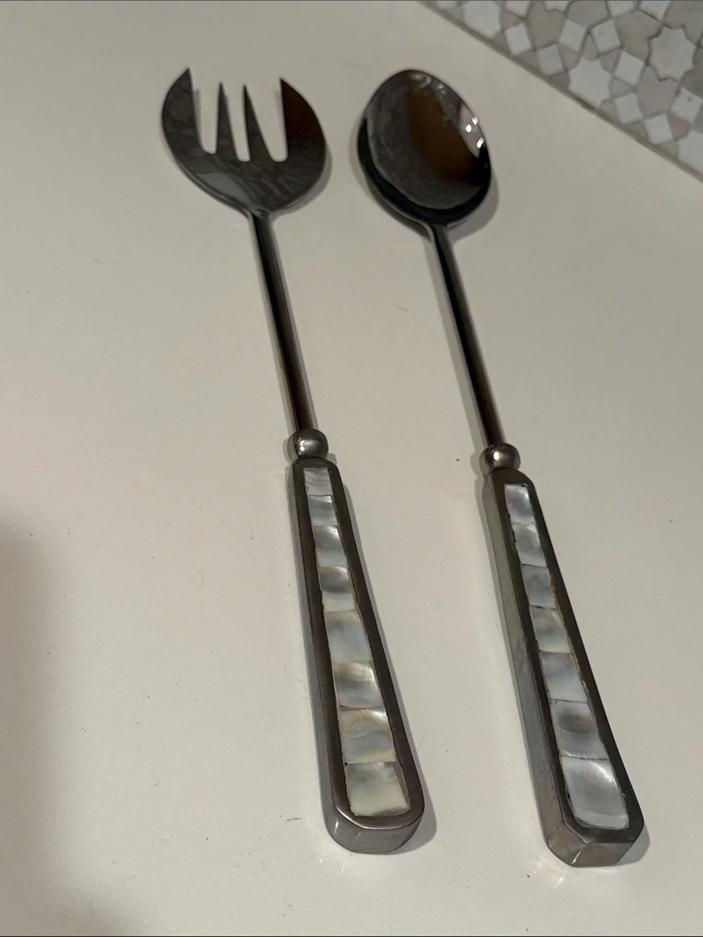 Pottery BarnMother of Pearl Handle Salad Serving Set - Stainless Steel